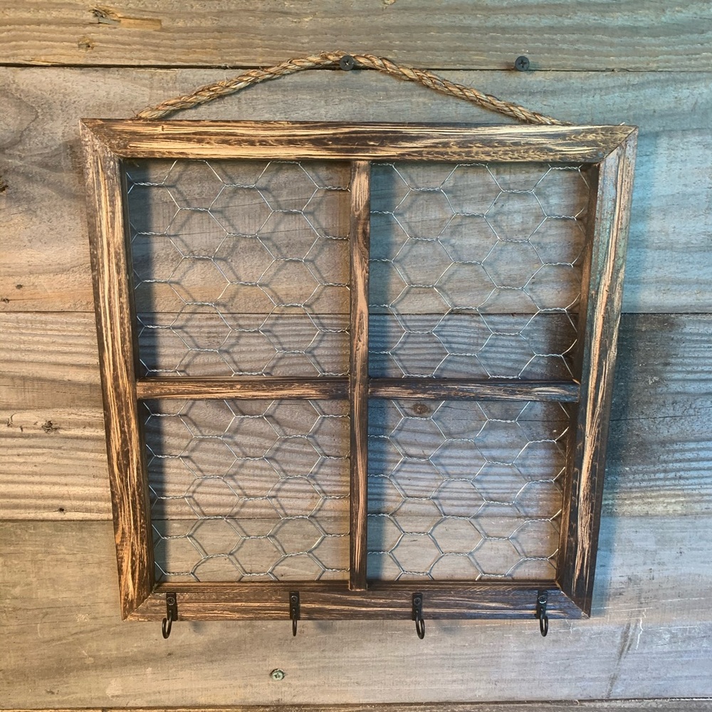 Rustic Chicken Wire Frame W Hooks Jewelry Holder